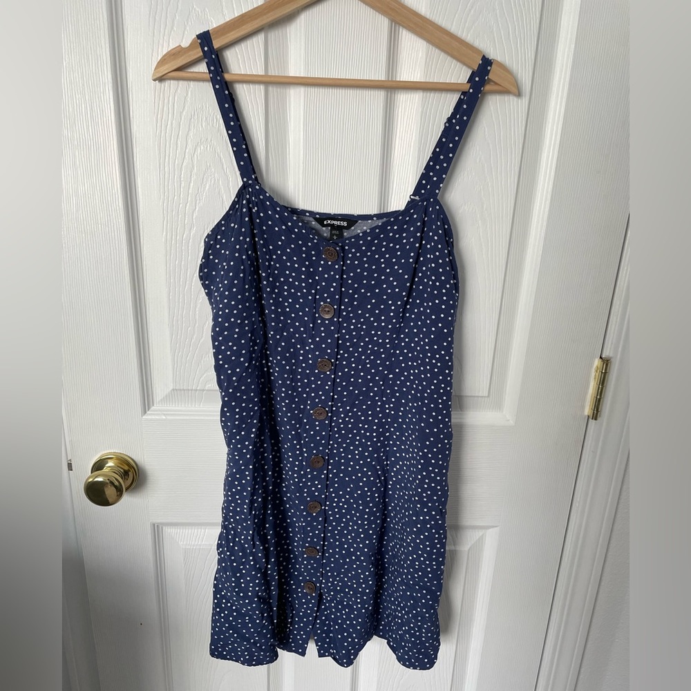 Blue and white polka dot dress